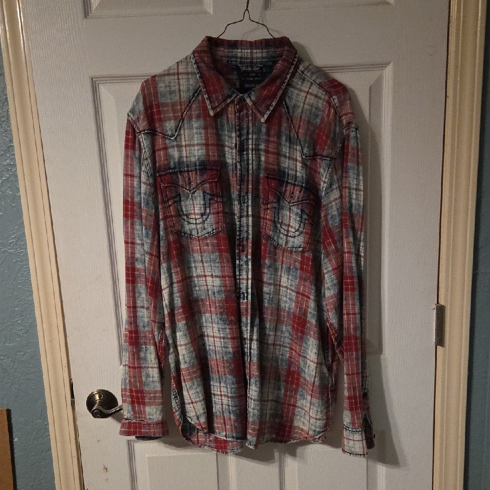 True Religion Red and White Plaid Shirt